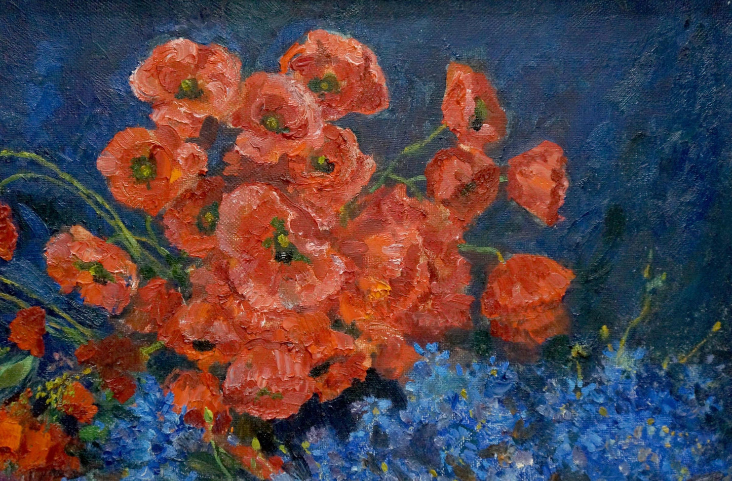 In Alexander Fedorovich Mynka's oil painting, poppies take center stage in a still life