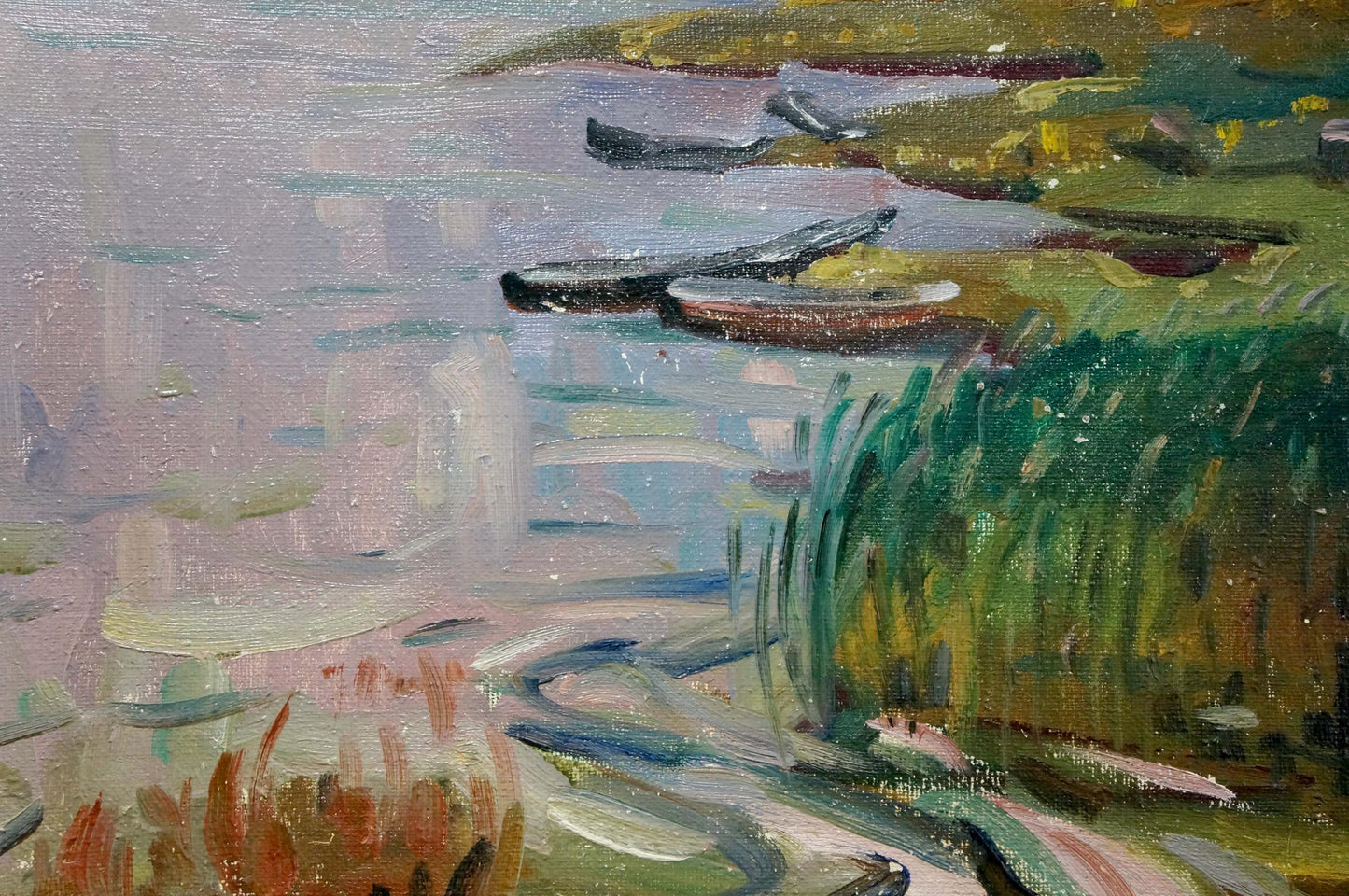 Oil painting Moored boats on the river Unknown artist