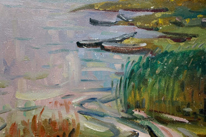 Oil painting Moored boats on the river Unknown artist