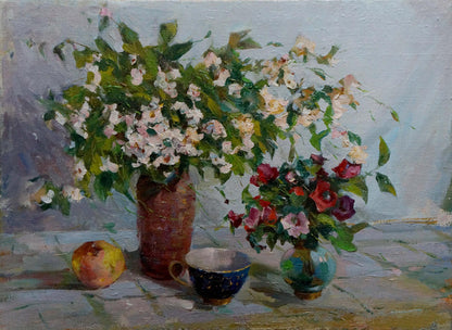 Oil painting Tea and flowers Evgeny Volobuev