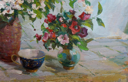 Oil painting Tea and flowers Evgeny Volobuev