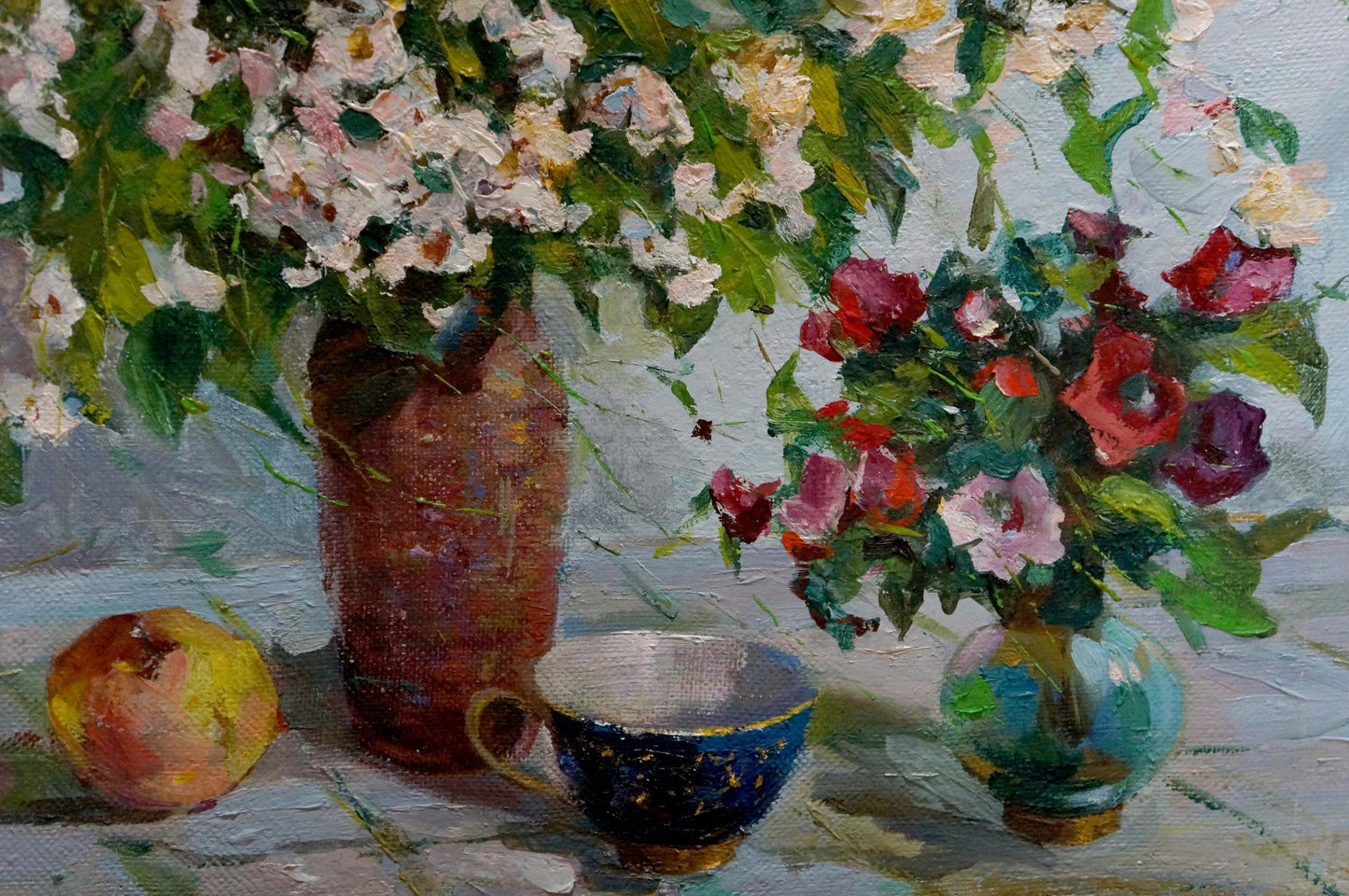 Oil painting Tea and flowers Evgeny Volobuev