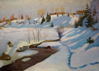 Oil painting Snowdrifts near the stream Unknown artist