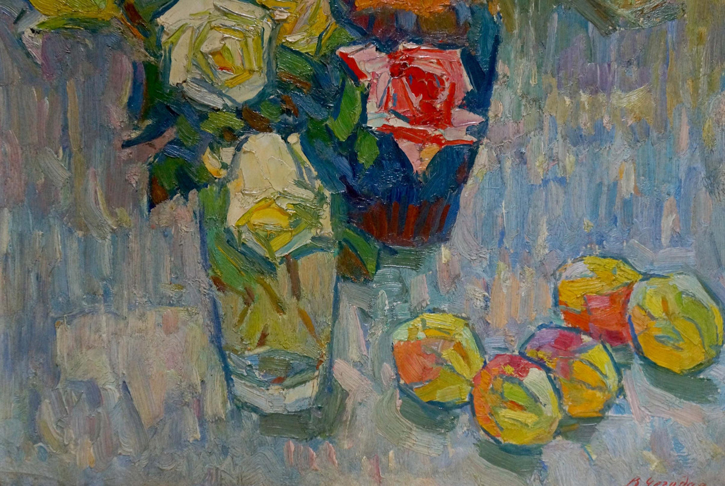 Vasily Chegodar's oil painting depicts roses and fruits