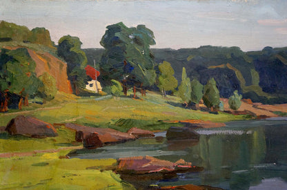 Oil painting Day dawn on a river landscape Unknown artist