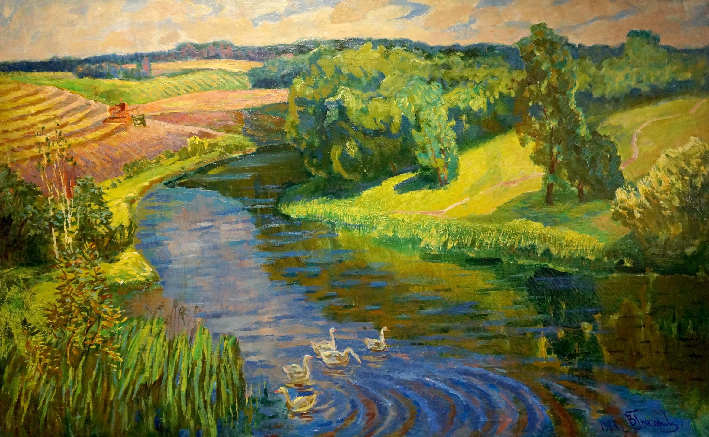 Oil painting Ducks swim on the river Unknown artist