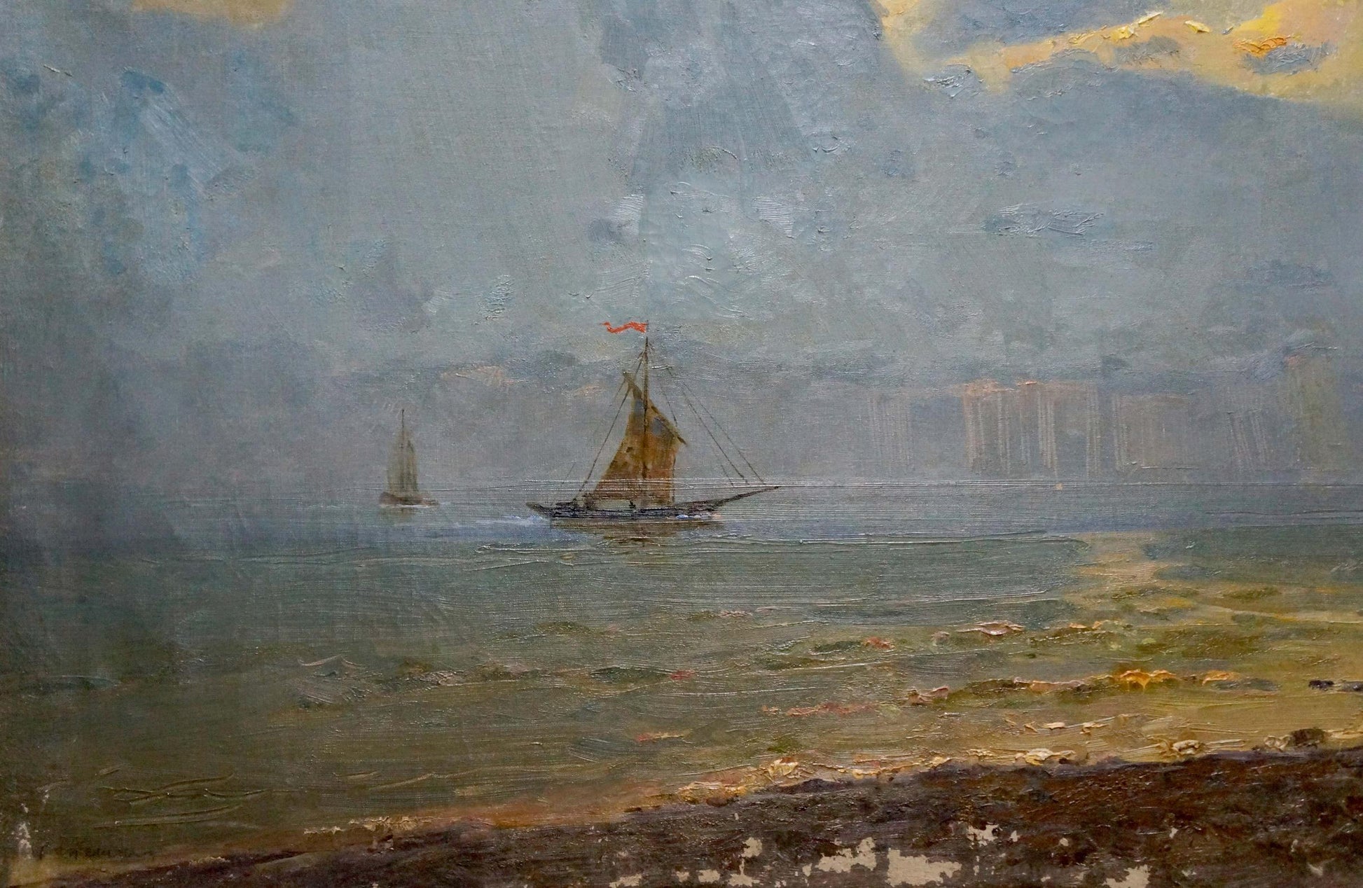Ships on a serene sea, depicted in an oil painting with an unknown artist