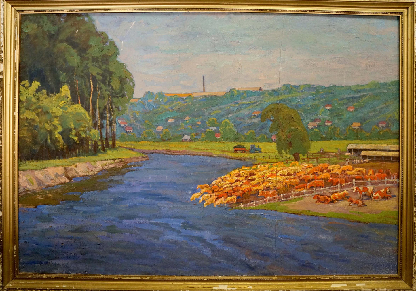 Oil painting Cows by the river Unknown artist