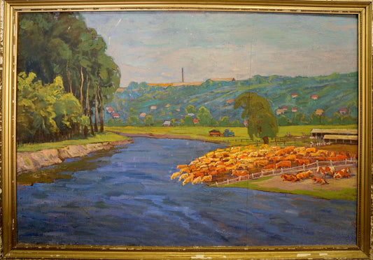 Oil painting Cows by the river Unknown artist