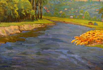 Oil painting depicting cows by the river, artist unknown