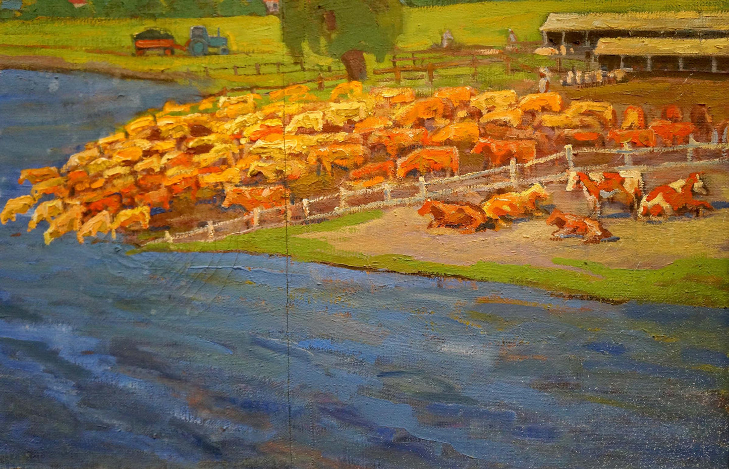 An unidentified artist's oil painting of cows near a river