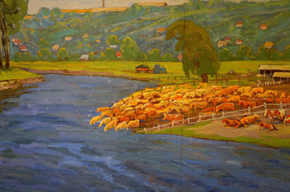 Oil on canvas depicting cows by the river, artist unknown