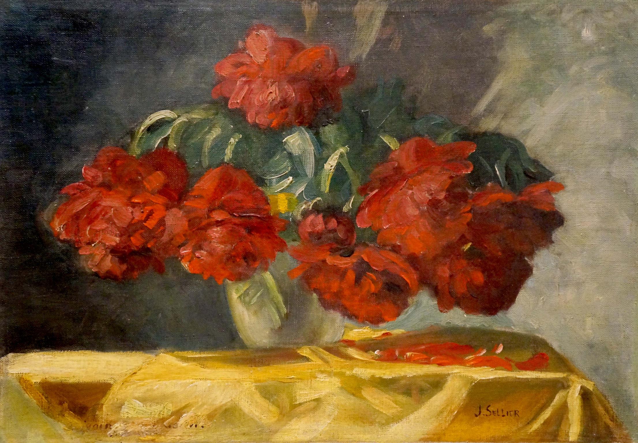 Oil painting Red flowers J. Sellier