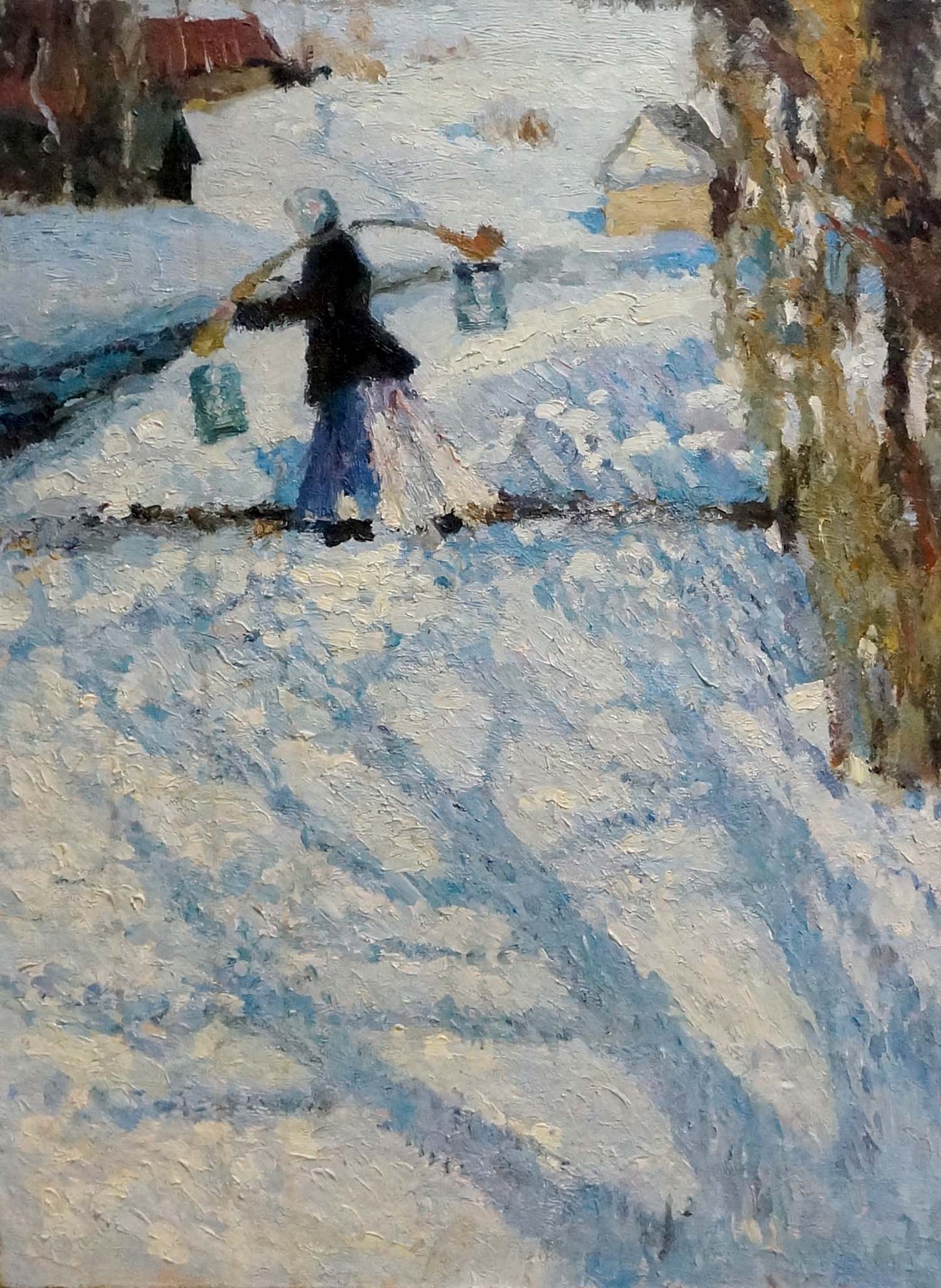 Oil painting A girl walks to a well in winter Unknown artist