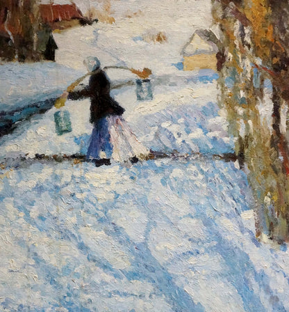 Oil painting titled A Girl Walks to a Well in Winter by an unknown artist