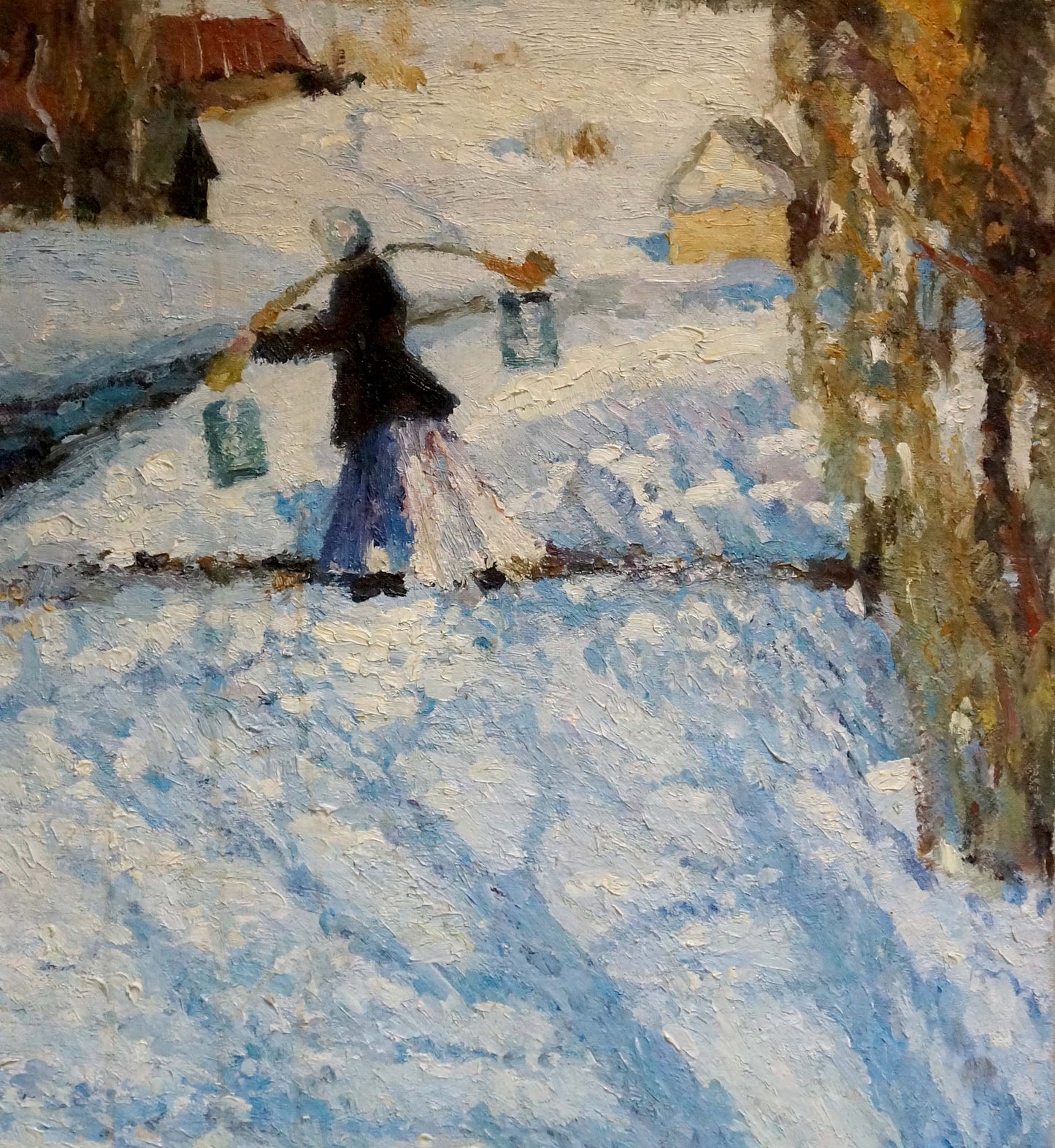 Unknown artist's oil painting of a girl walking to a well in winter