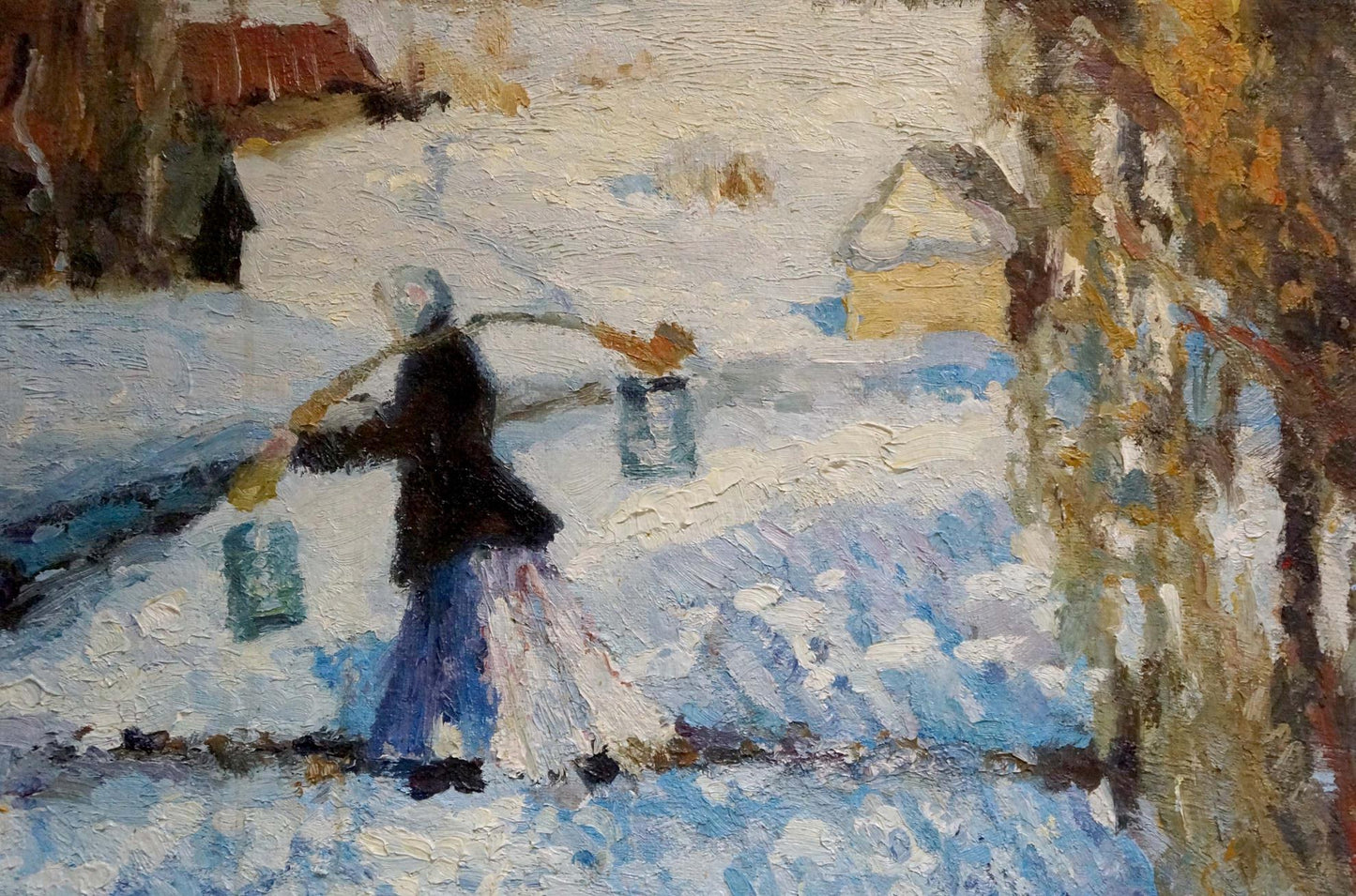 Oil artwork of a girl walking to a well in winter by an unknown artist