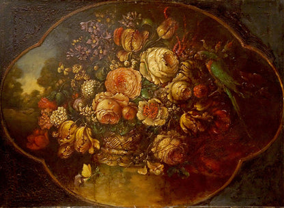 Oil painting Still life with flowers and bird Western European