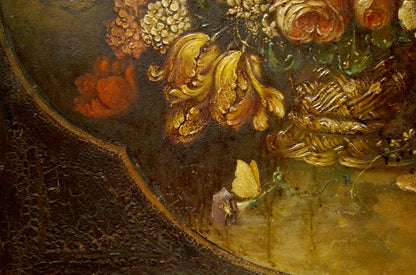 Oil painting Still life with flowers and bird Western European