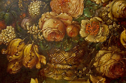 Oil painting Still life with flowers and bird Western European