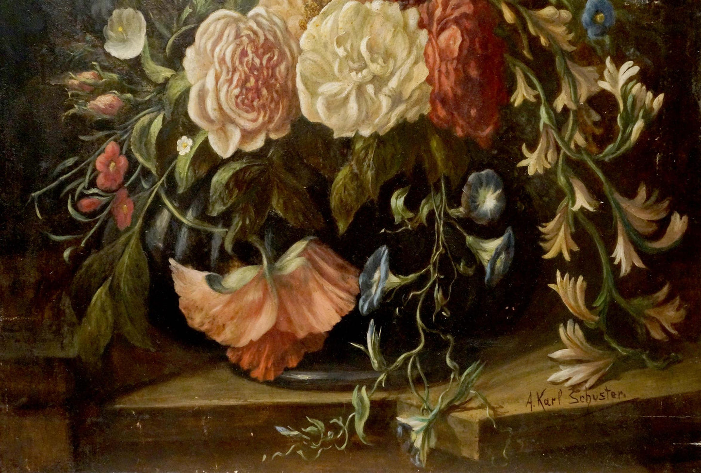 A captivating oil painting titled "Beautiful Bouquet of Flowers" by A. Karp Schuster