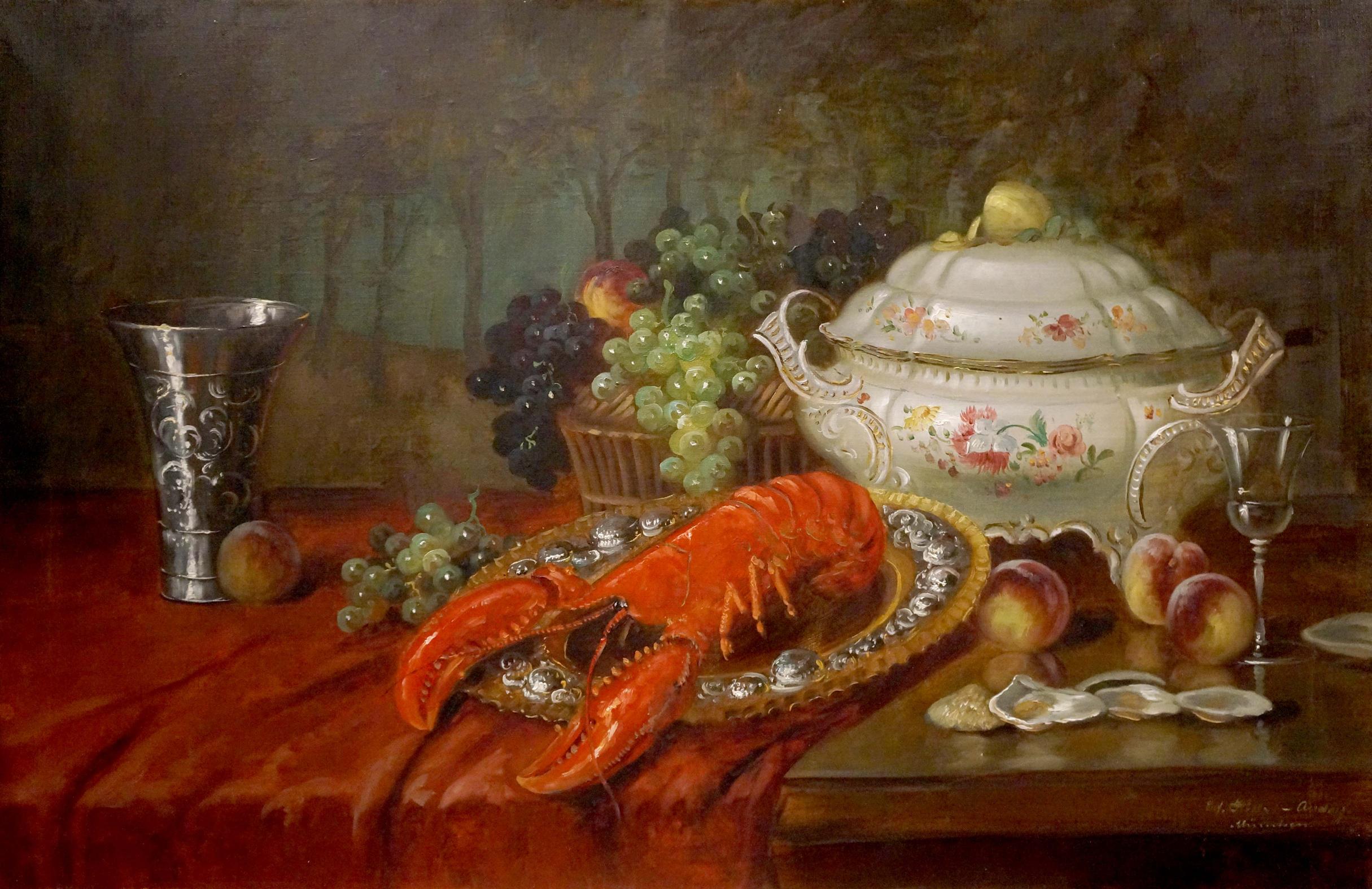 Oil painting Shrimp on the table Eduard Huber-Andorf