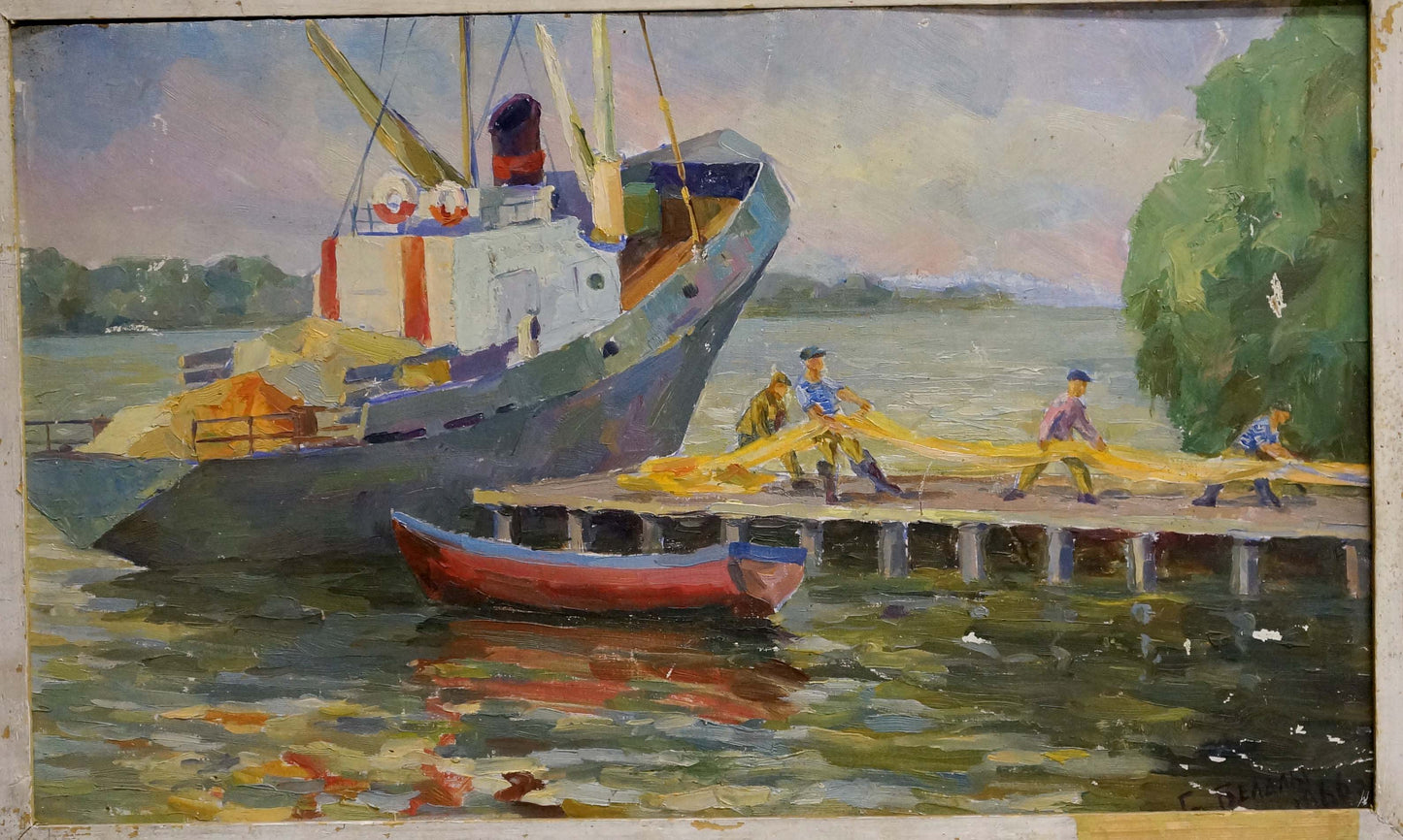Oil painting Ship arrived Unknown artist