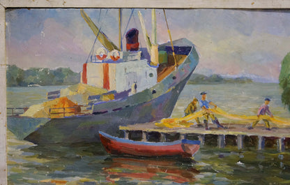 Oil painting Ship arrived Unknown artist