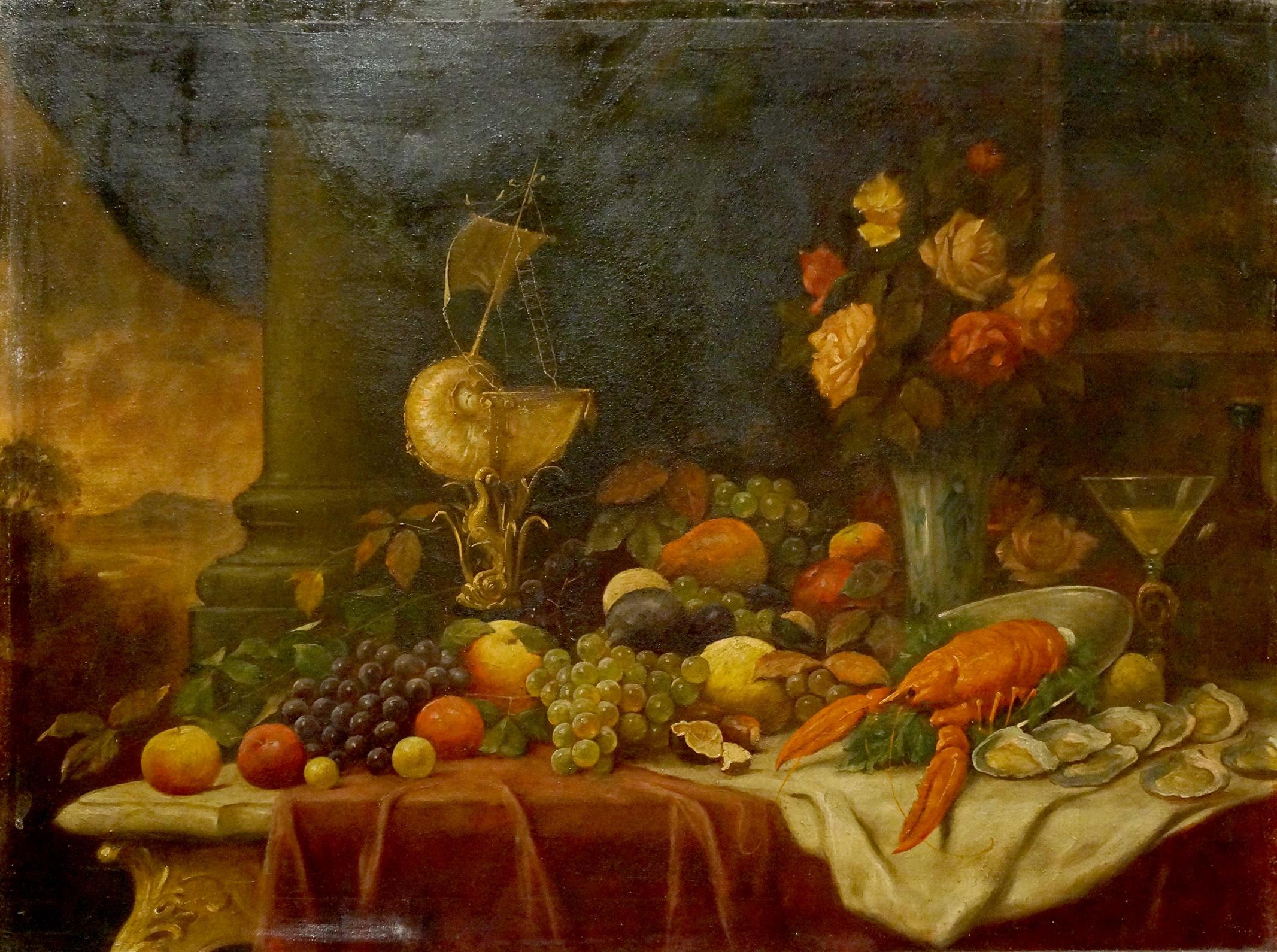 Oil painting Food on the table with grapes