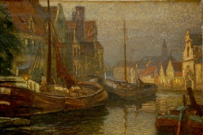 The city river is the focal point of Karl O'Lynch von Town's oil painting