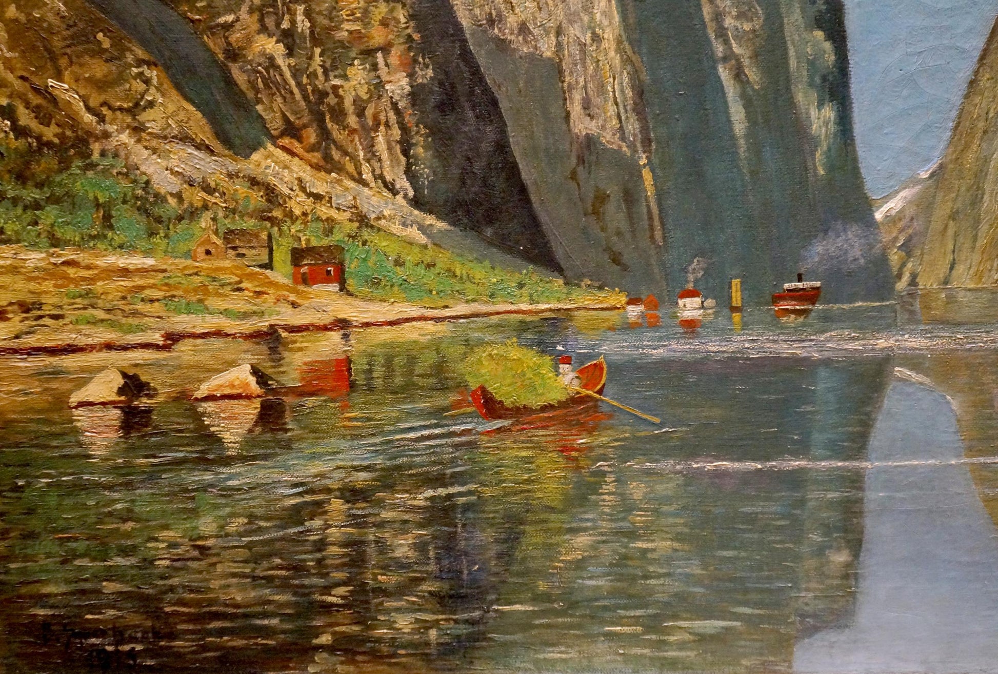 A European artist captured a river winding through the mountains in an oil painting