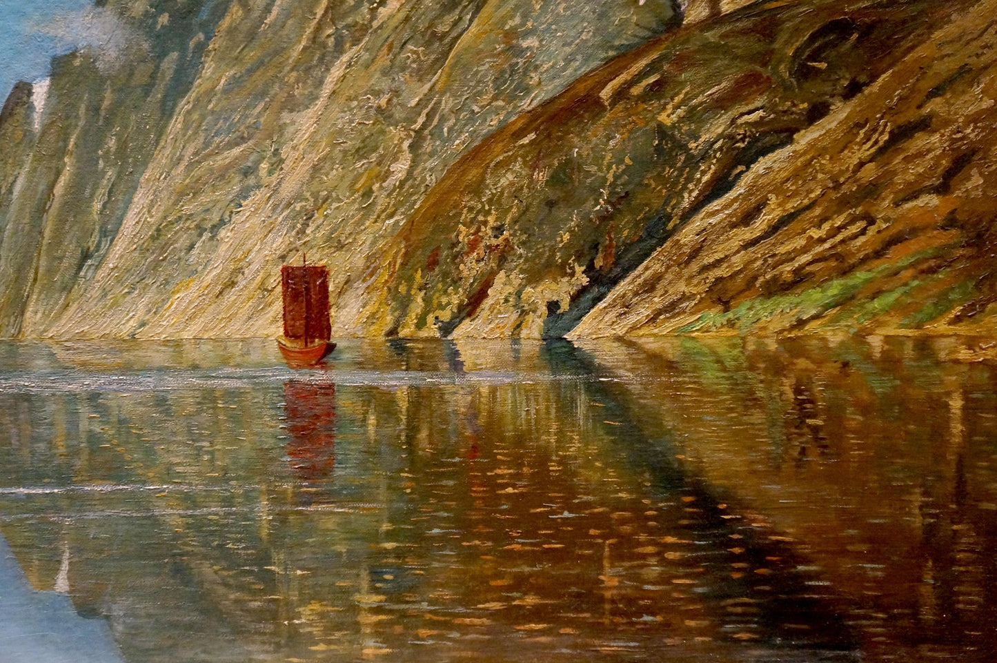 The European artist's oil painting showcases a river flowing through mountainous terrain