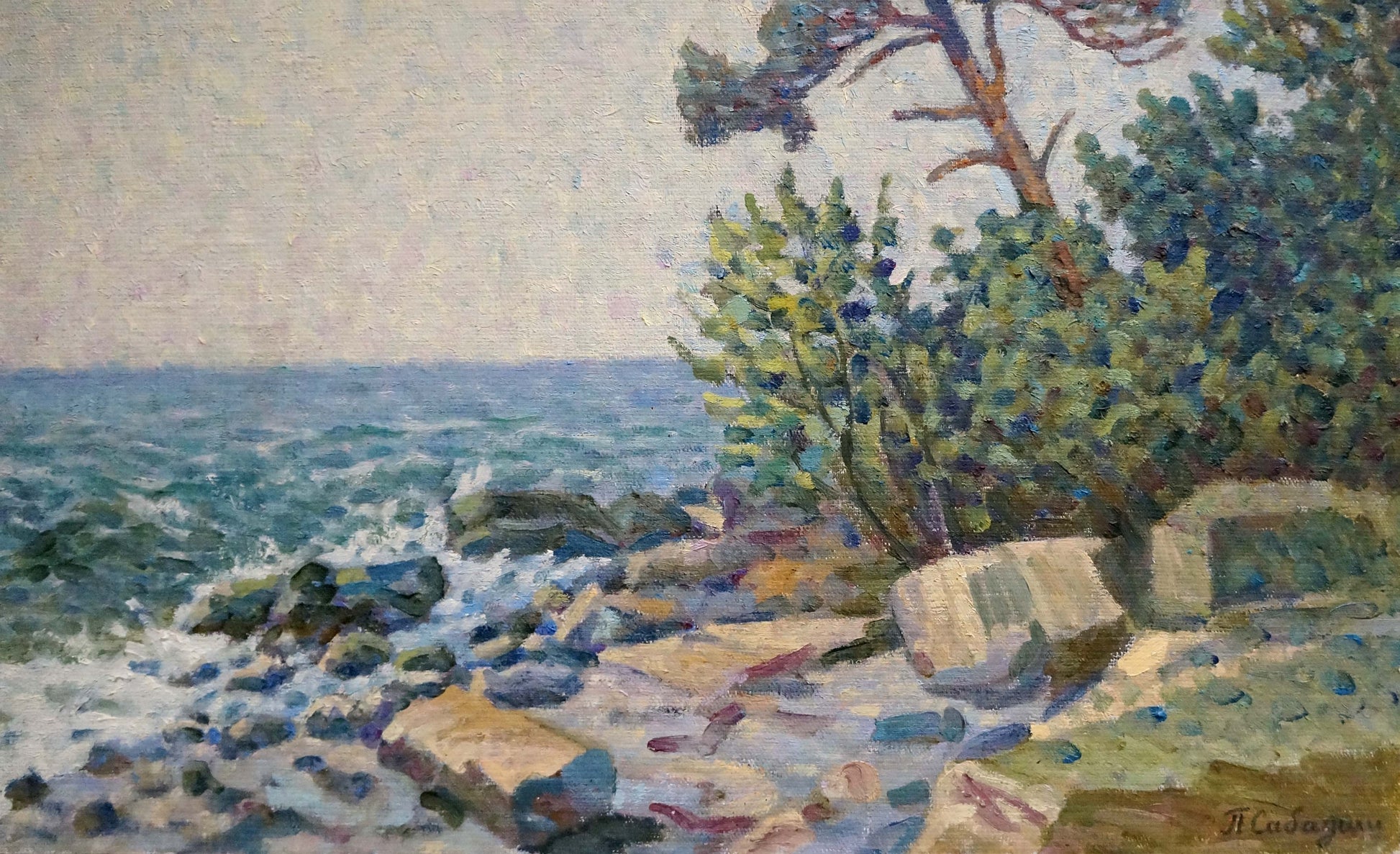 Oil artwork featuring scenes "Off the Coast" by Petro Yevlampiyovych Sabadysh