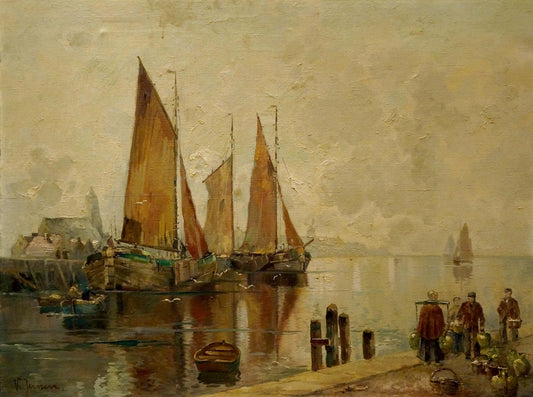 Oil painting The ship arrived in the city V. Jensen
