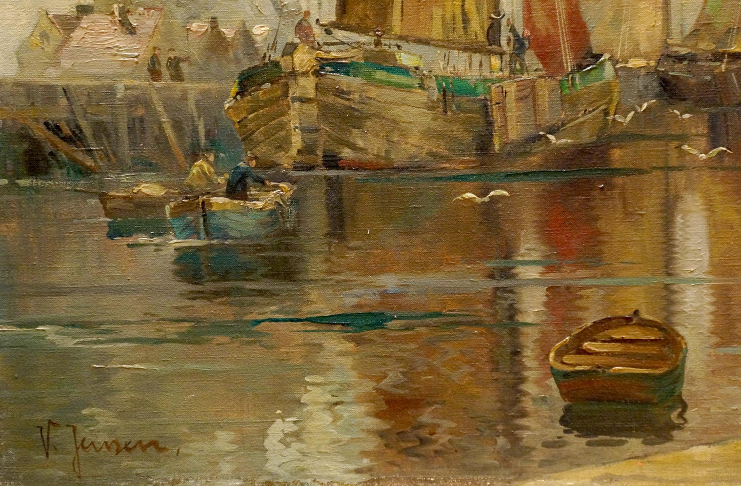 Oil painting The ship arrived in the city V. Jensen