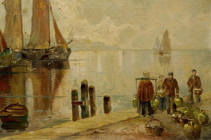 Oil painting The ship arrived in the city V. Jensen