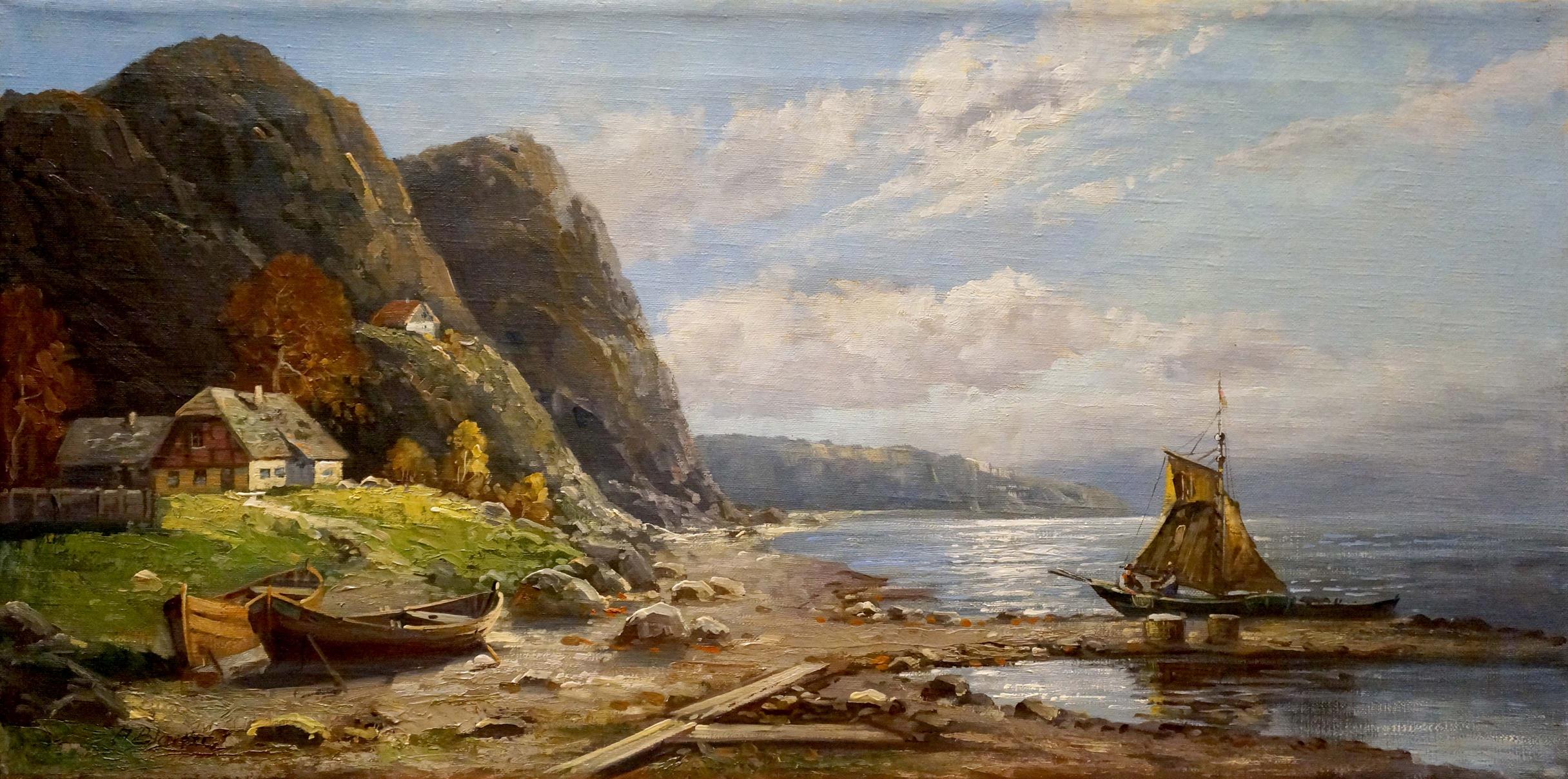Oil painting Boat on the seashore European artist