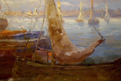 Oil painting Boats in the port