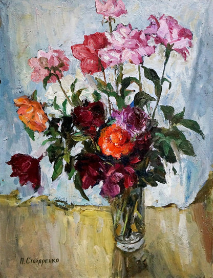 Oil painting Flowers in a vase on the table Peter Stolyarenko