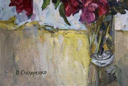 Oil painting Flowers in a vase on the table Peter Stolyarenko