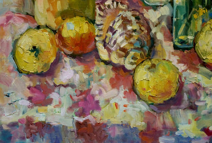 Oil painting depicting a still life featuring quince by Irina Pavlovna Kramarenko