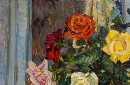 Gift Roses, an oil painting by Petr Kolomoitsev