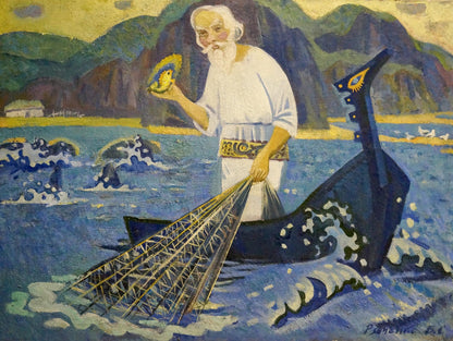 Oil painting Grandfather fishing Vasily Sergeevich Ryabchenko