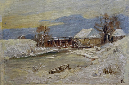 Oil painting Boat on a frozen river Unknown artist