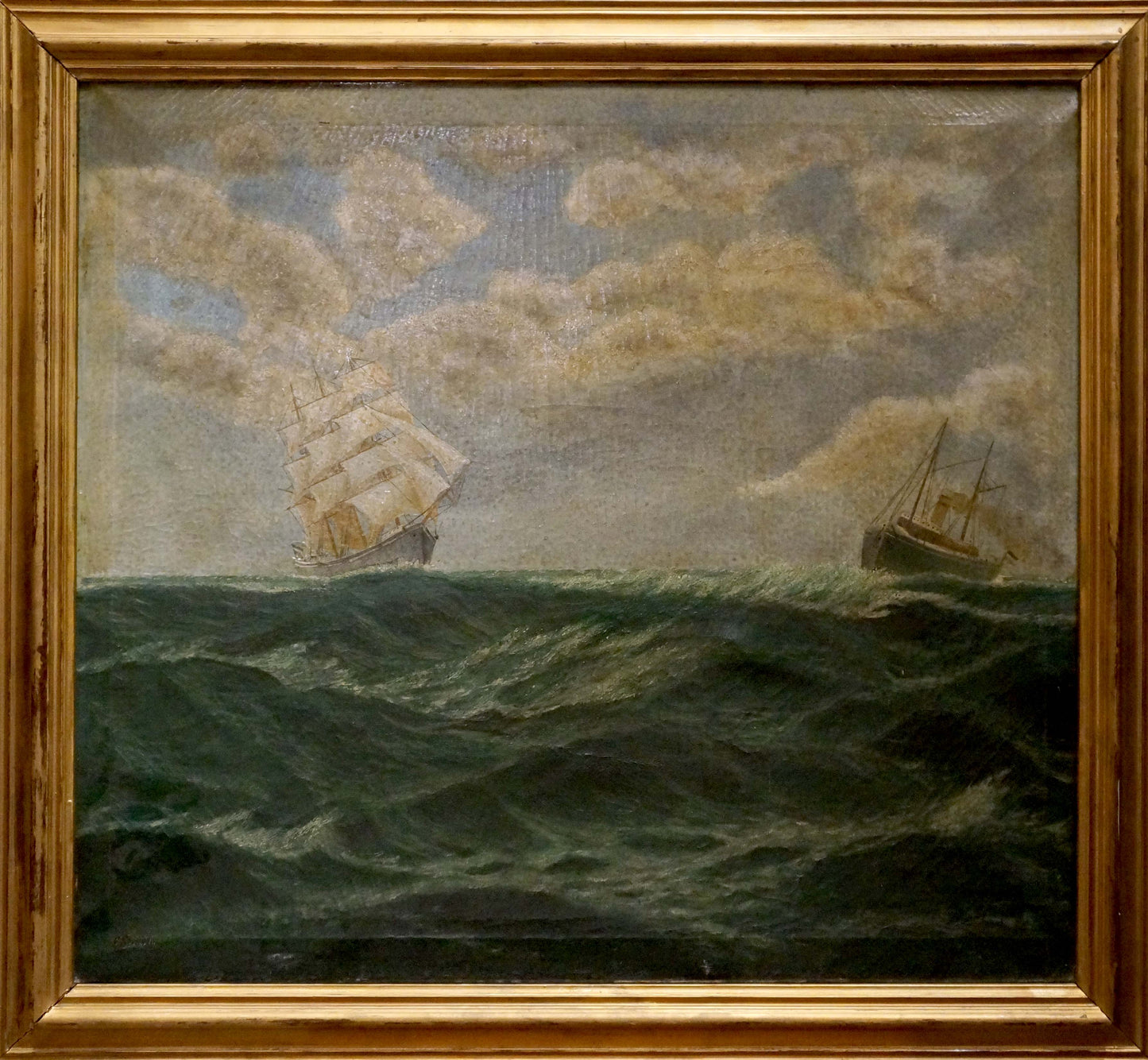 Oil painting Two ships at sea European artist