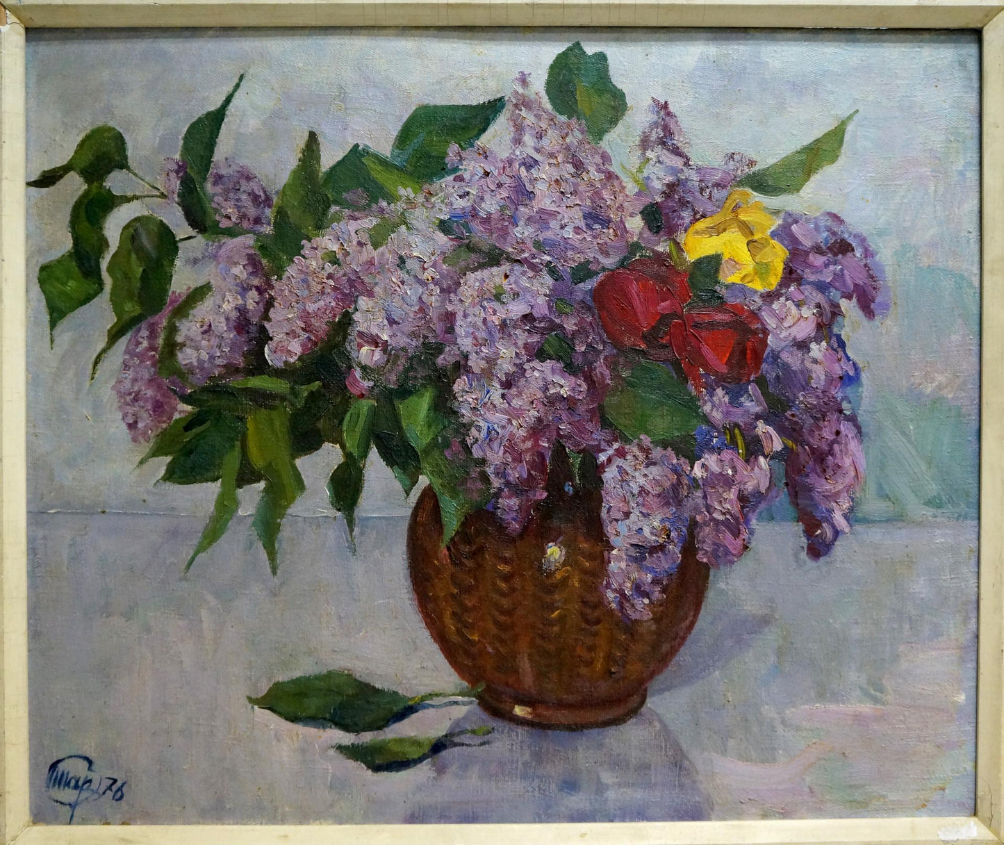 Oil painting Lilacs and tulips in a vase Unknown artist