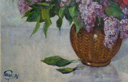 Oil painting Lilacs and tulips in a vase Unknown artist