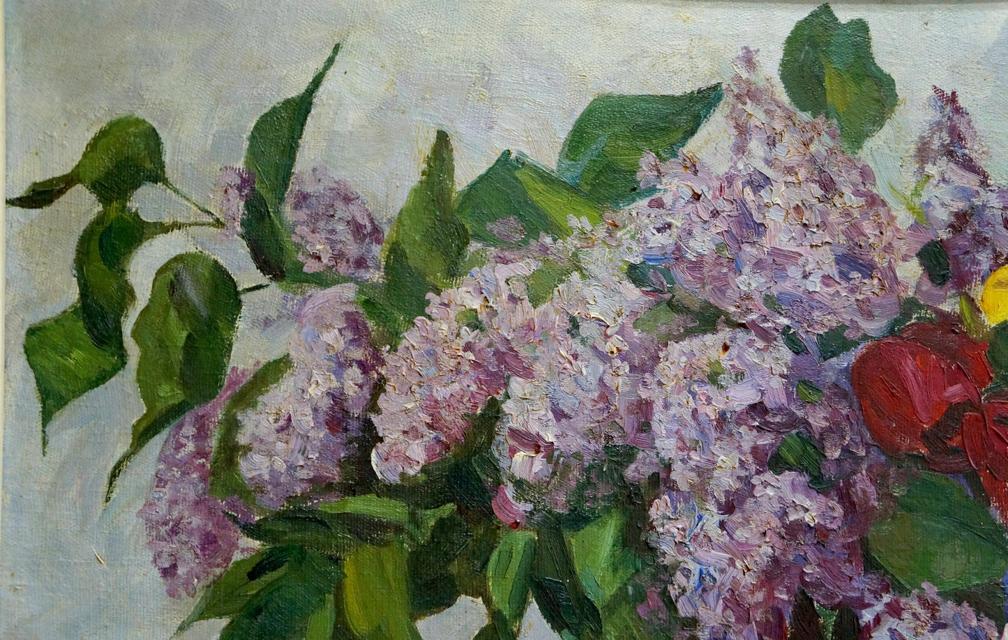 Oil painting Lilacs and tulips in a vase Unknown artist