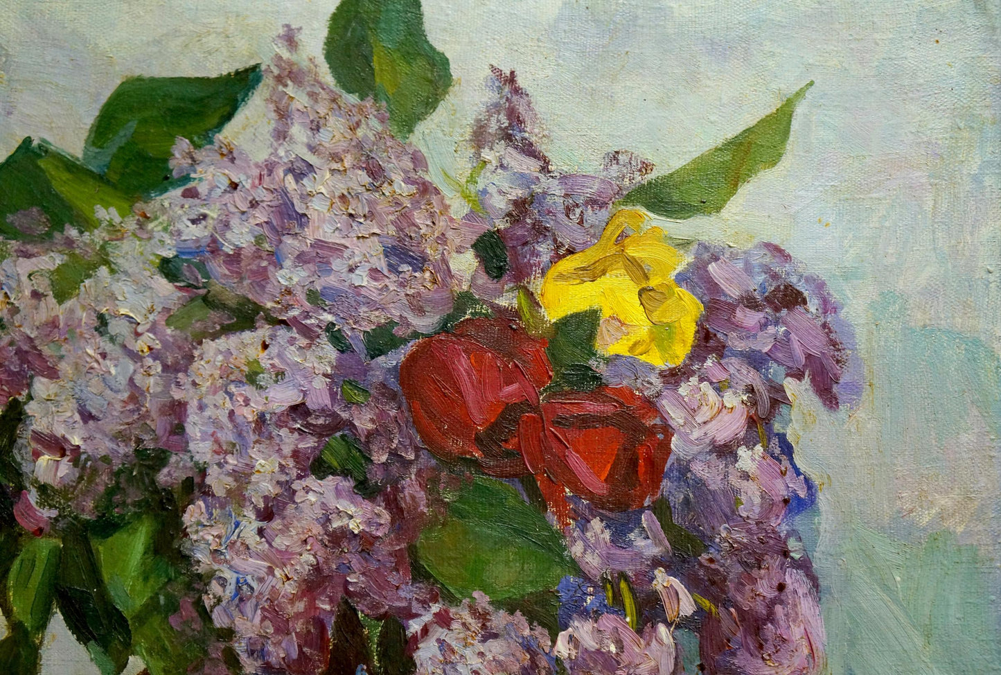 Oil painting Lilacs and tulips in a vase Unknown artist