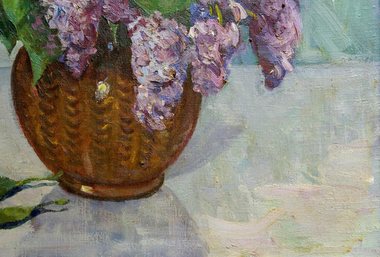 Oil painting Lilacs and tulips in a vase Unknown artist